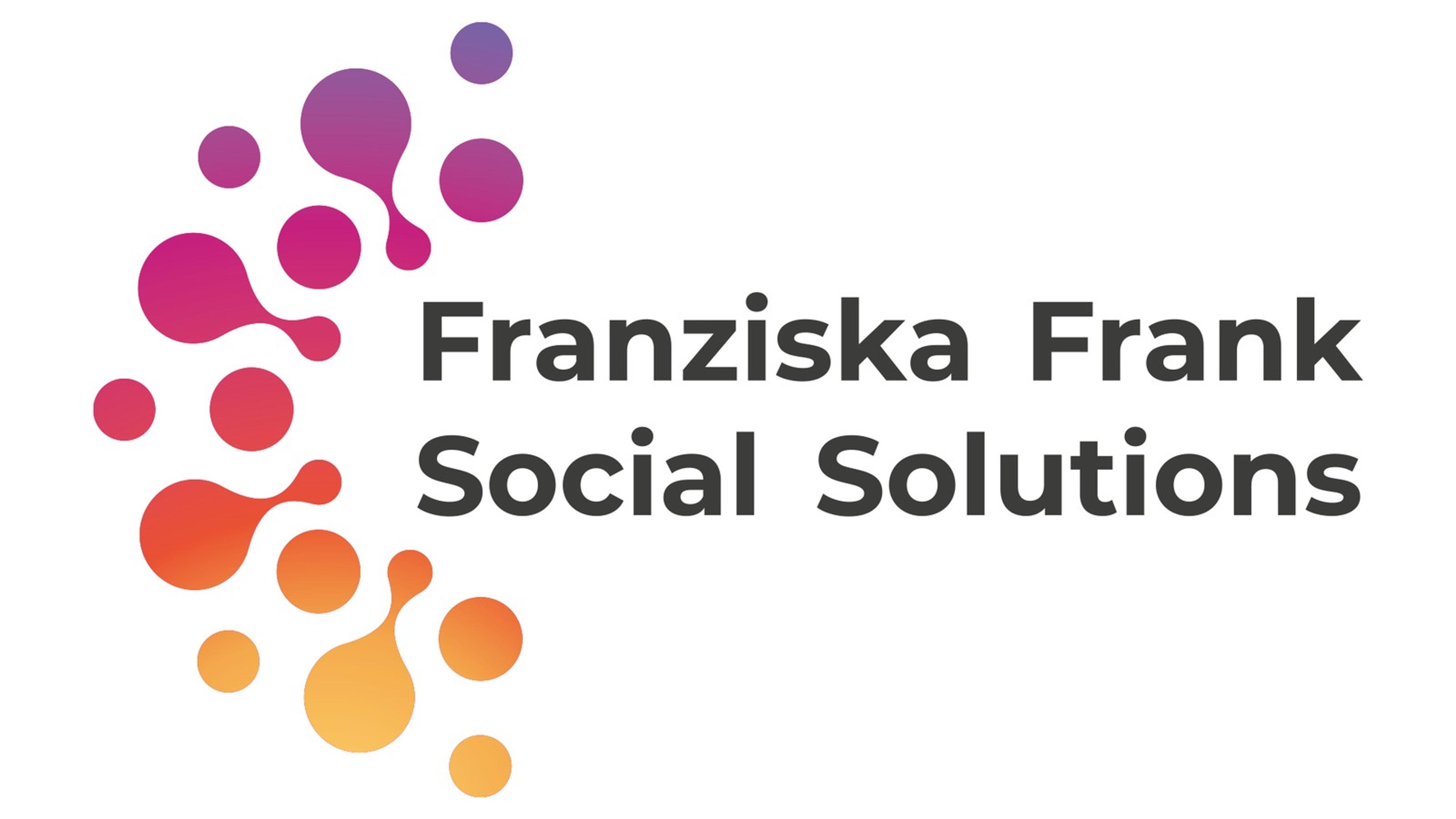 Wort-Bild-Marke „Franziska Frank Social Solutions": Bildmarke aus verbundenen Tropfen im warmen Farbverlauf neben dem Schriftzug.
