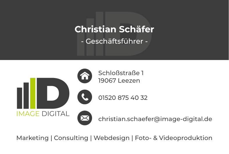 Visitenkarte von Image Digital in Grün, Anthrazit und Weiß mit dem ID-Signet und Kontaktangaben.