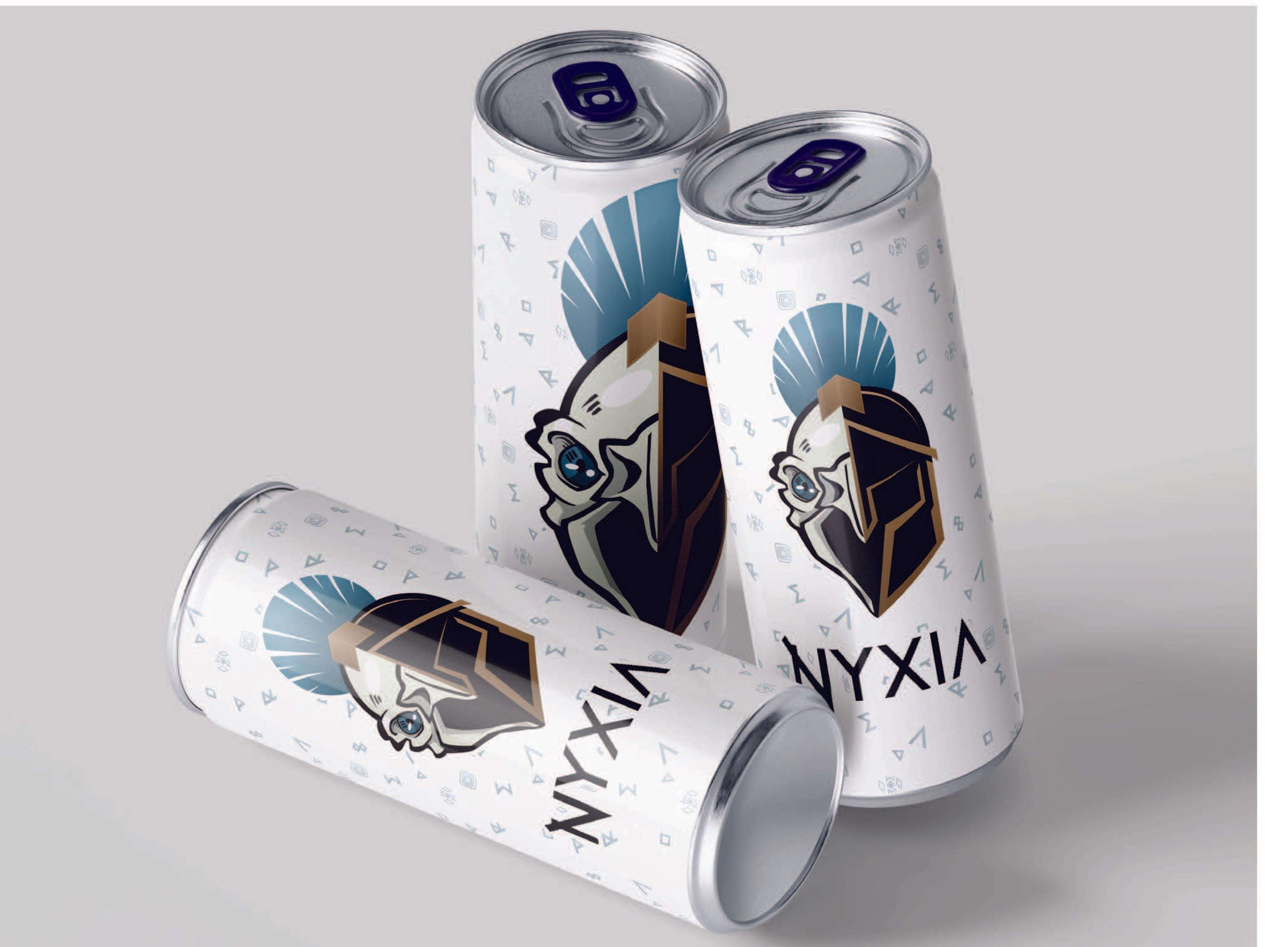 NYXIA-Getränkedosen mit Signet und Glyphen-Muster.