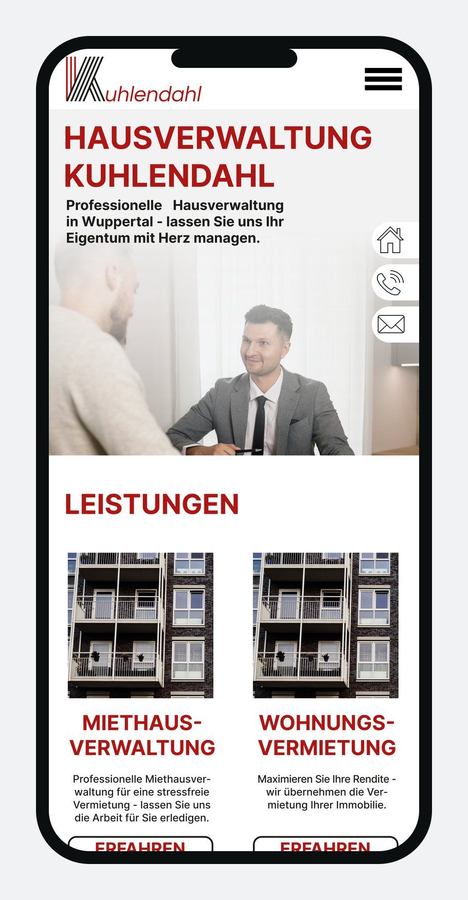 Finale mobile Startseite der Hausverwaltung Kuhlendahl im iPhone-Rahmen, Mobile-First-Layout.
