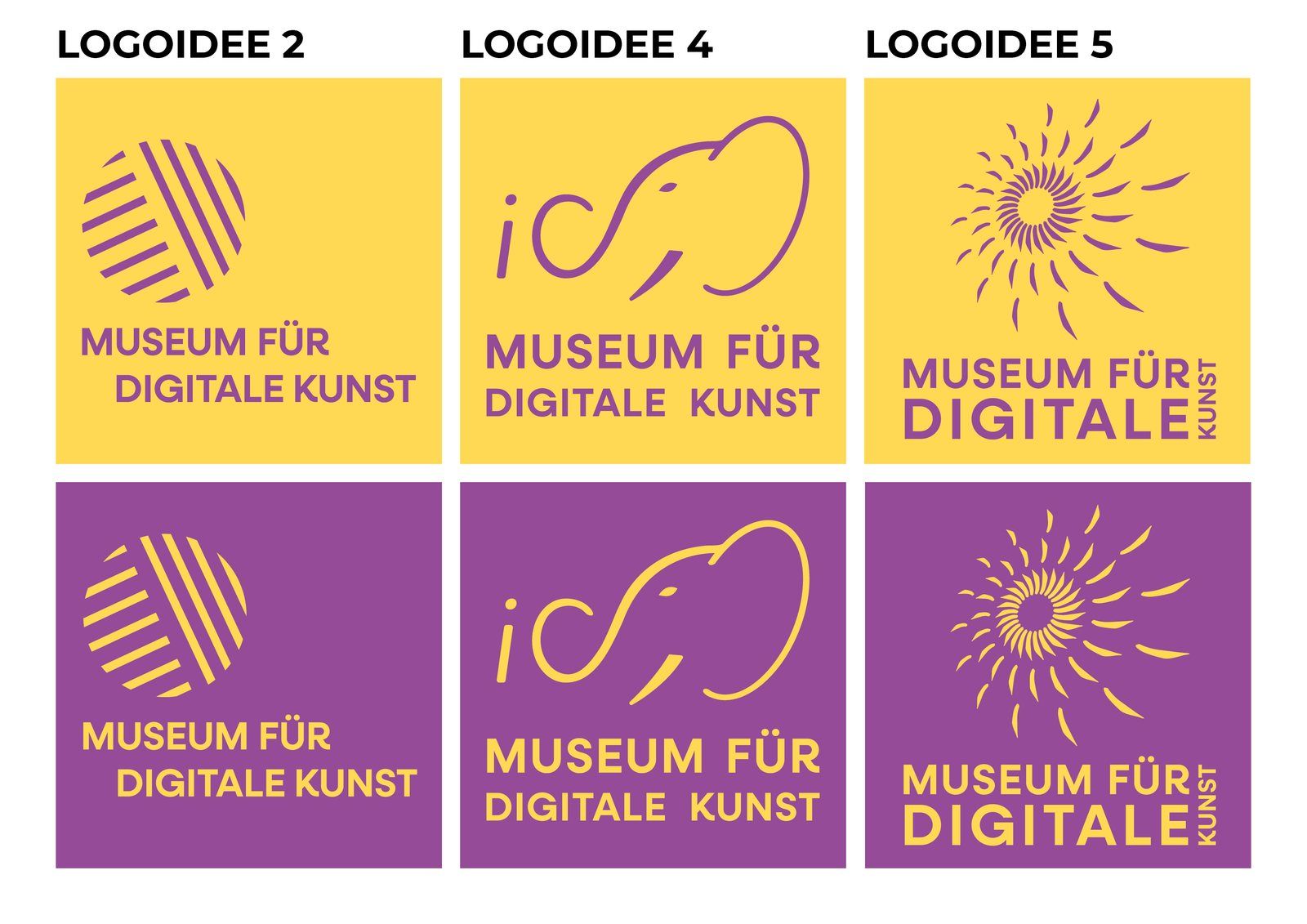 Drei ausgearbeitete Logo-Ideen für das Museum für digitale Kunst in Violett und Gelb.