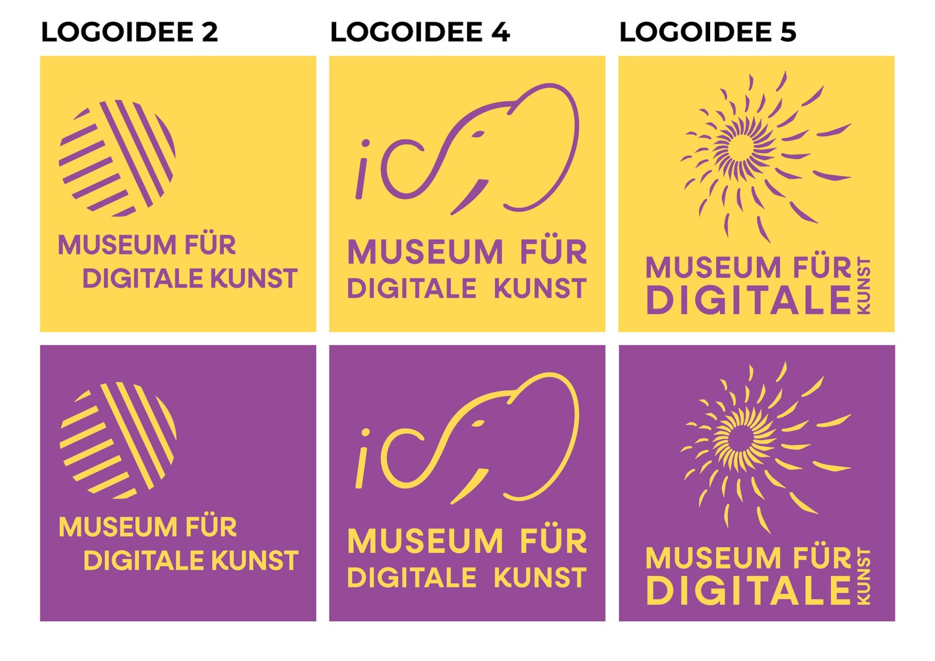 Drei ausgearbeitete Logo-Ideen für das Museum für digitale Kunst in Violett und Gelb: Streifen-Kreis, Elefant mit „iO" und die Schwarm-Marke.