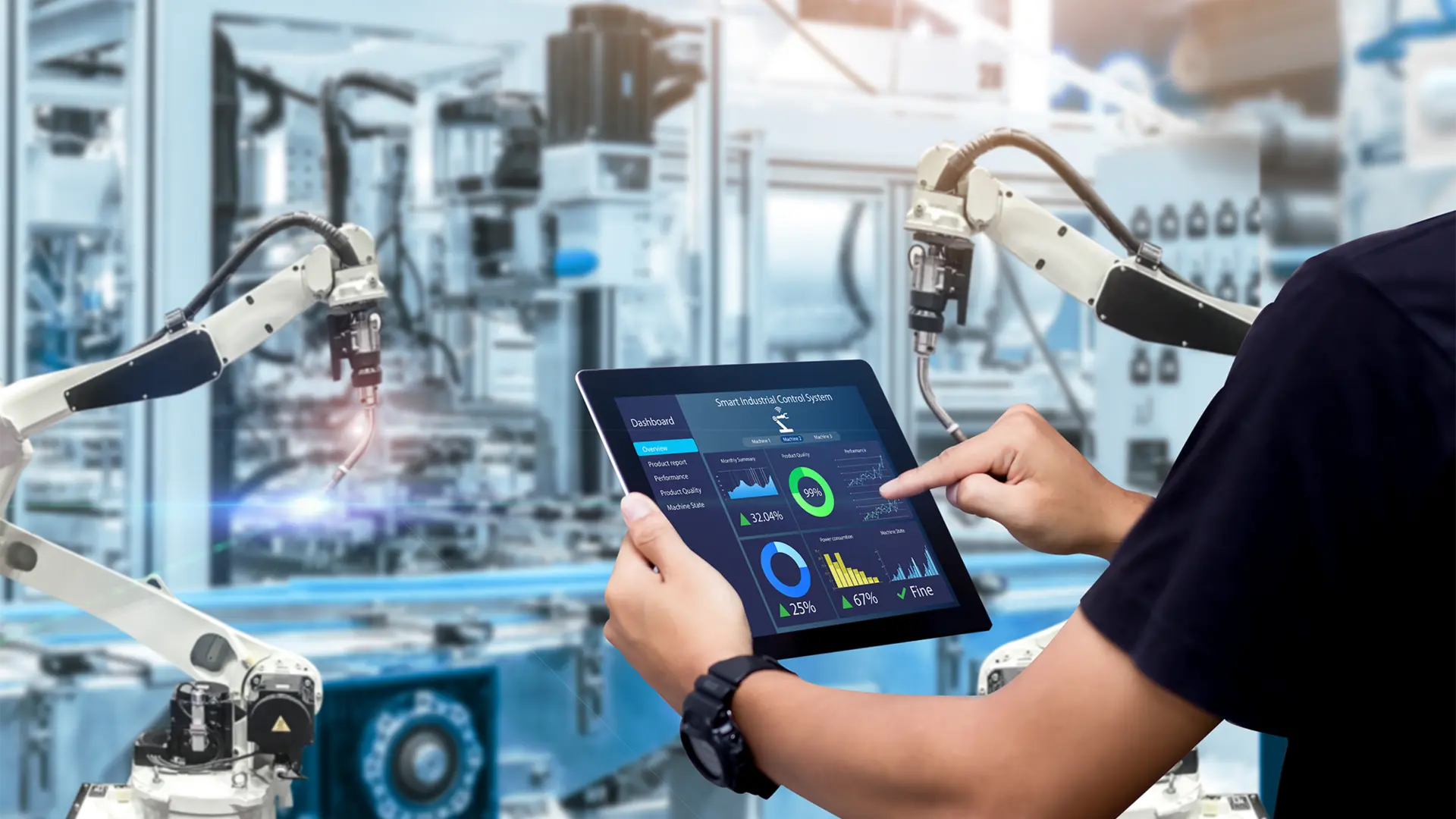 Production data management platform displaying operational dashboards, integrated reporting, production metrics, and real-time performance data