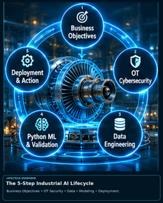 The five steps: Business Objectives, OT Cybersecurity, Data Engineering, Python ML & Validation, Deployment & Action