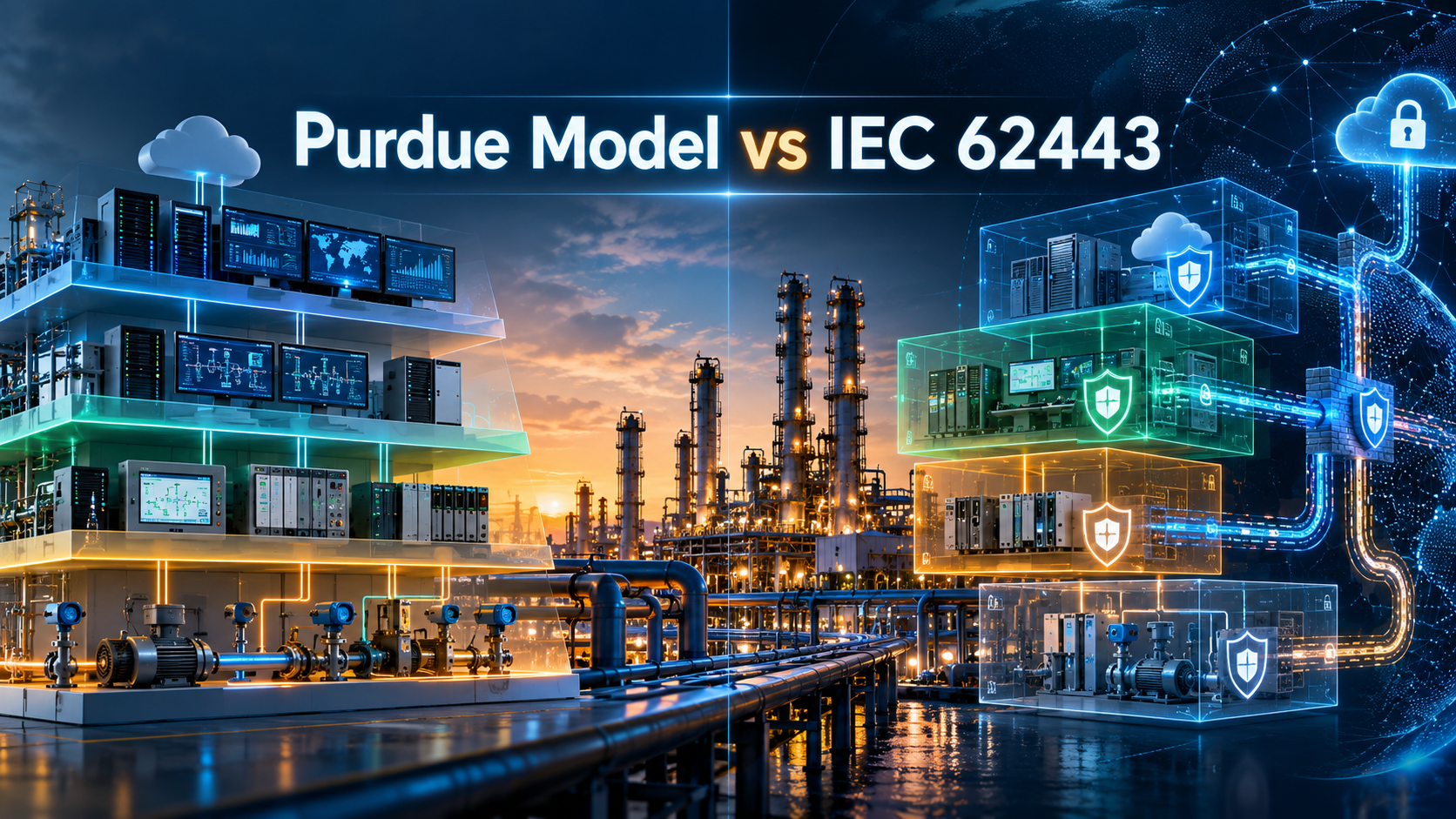 Purdue Model vs IEC 62443 comparison in an industrial system architecture