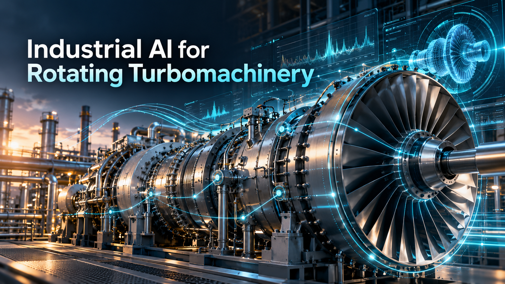 Gas turbine with digital analytics overlay illustrating Industrial AI for turbomachinery