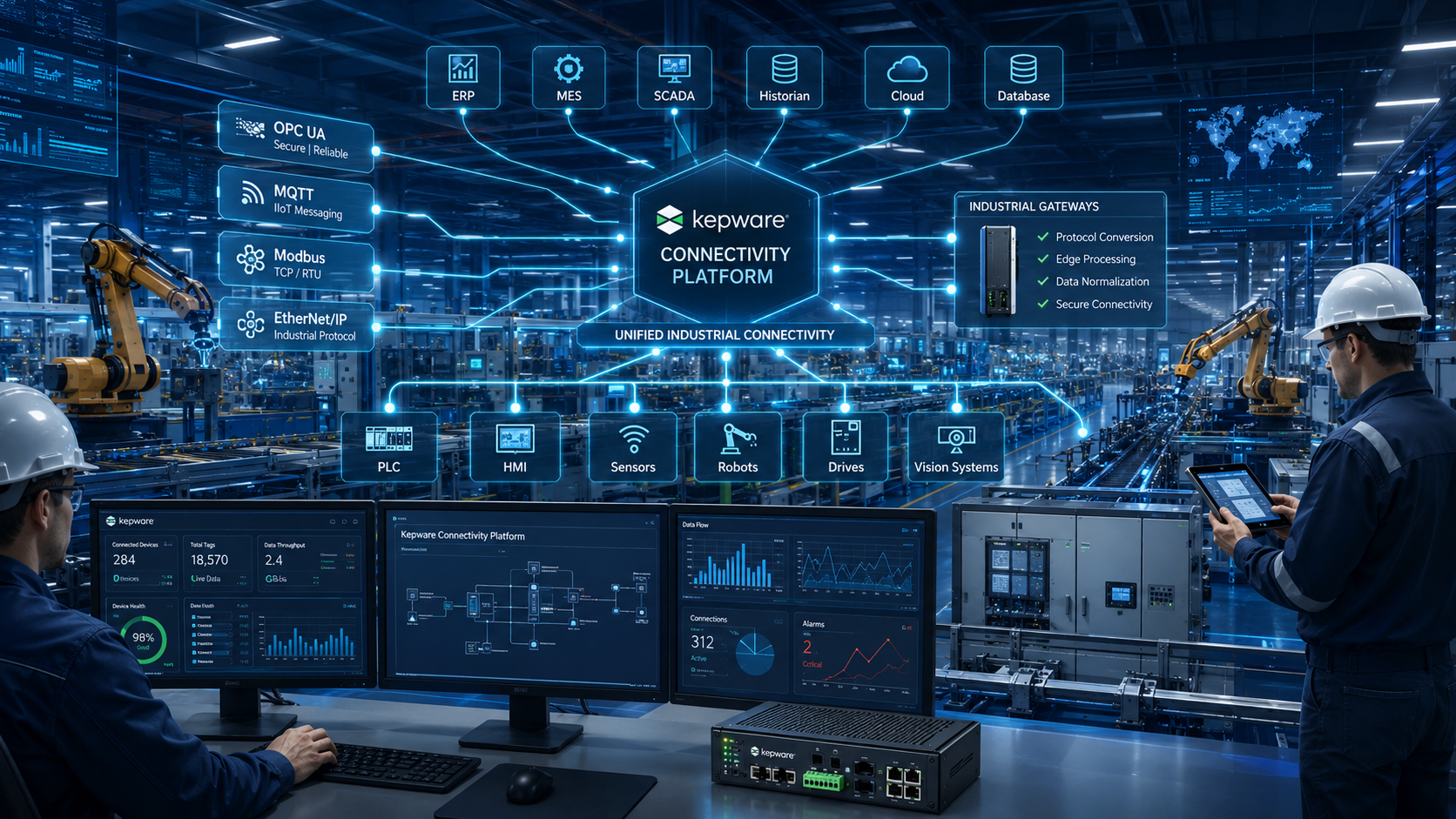 Kepware Connectivity Platform connecting PLCs, SCADA systems, industrial devices, and enterprise applications through secure real-time data integration