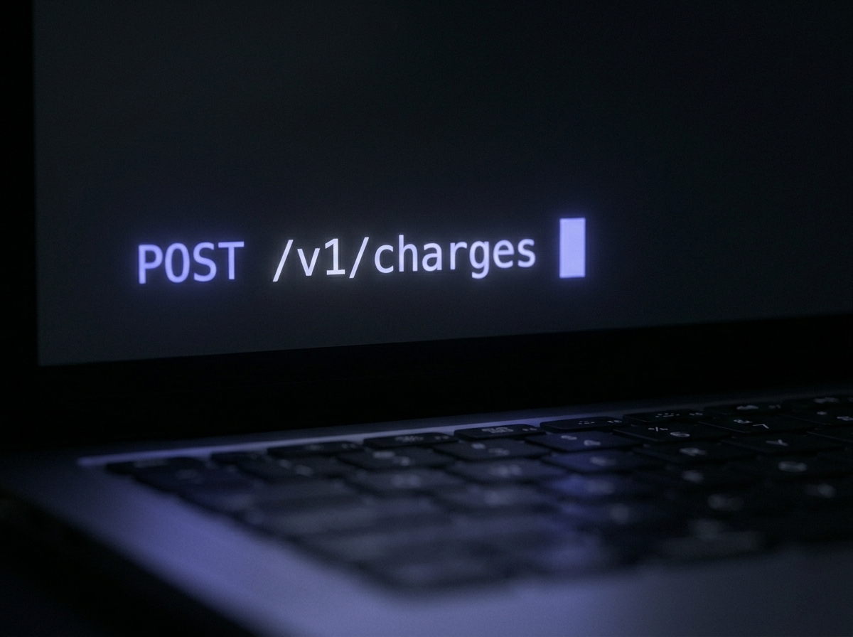 POST /v1/charges glowing on a dark laptop screen — a single API request