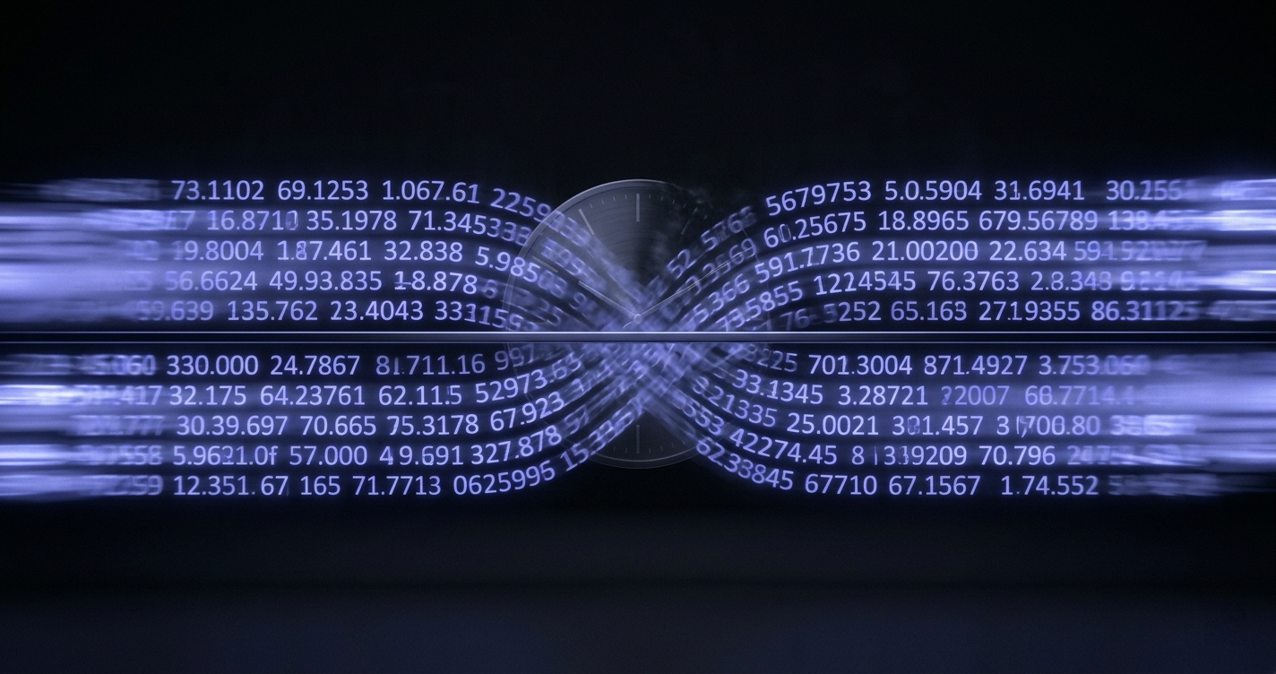 Two interlocking streams of exchange-rate figures meeting at a steady midpoint