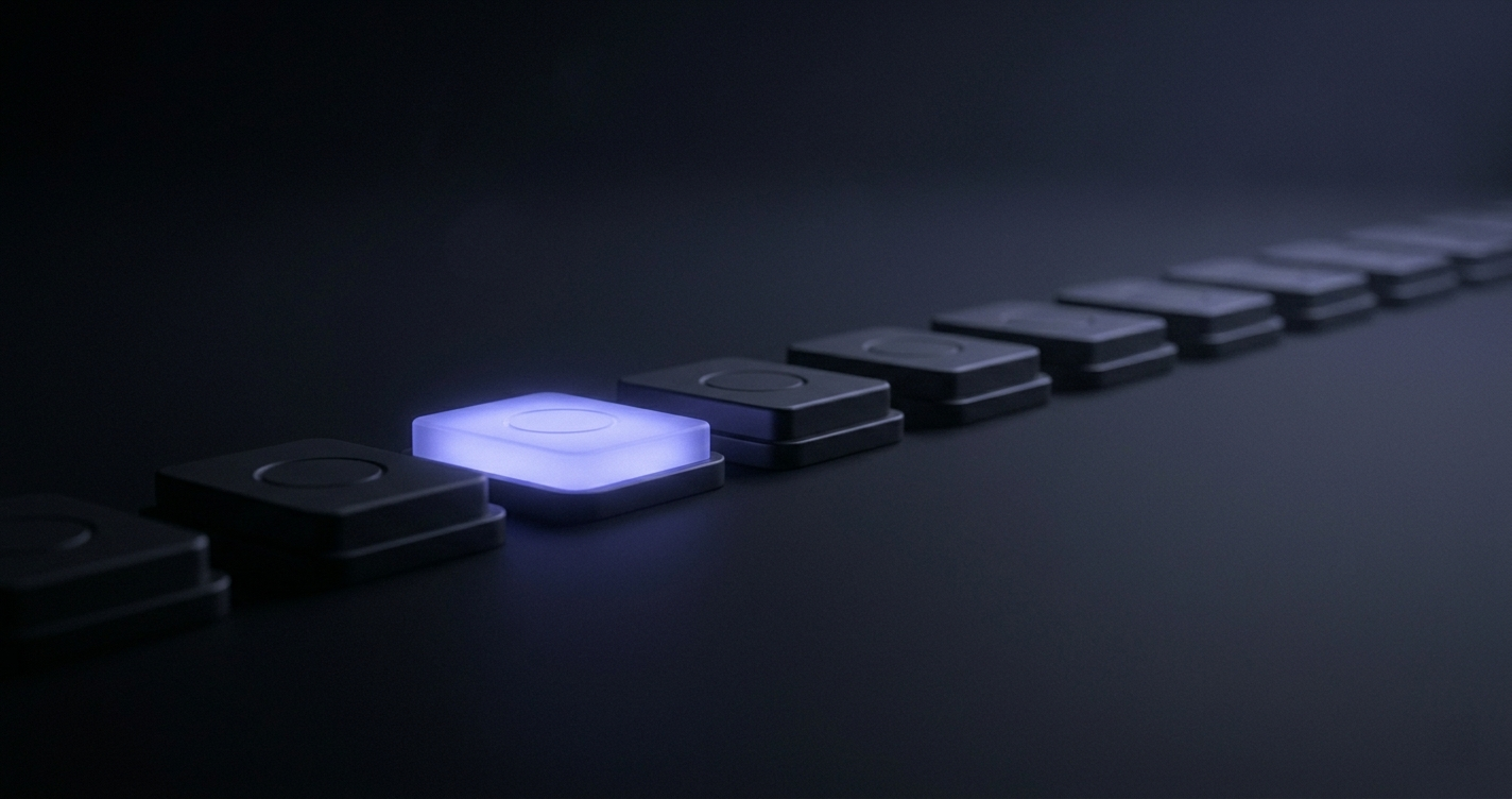 A row of dark checkout buttons with a single one lit in indigo
