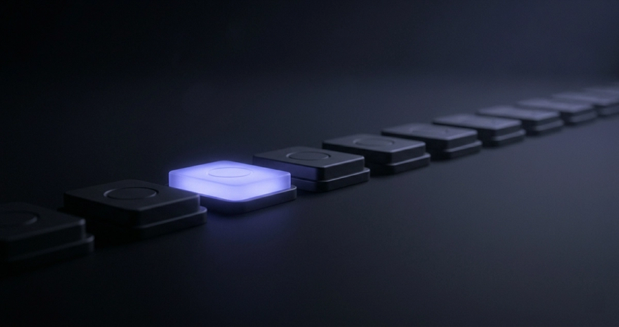 A row of dark checkout buttons with a single one lit in indigo