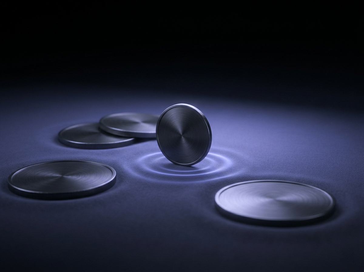 Brushed-metal coins settling onto an indigo-lit surface with a ripple — funds landing