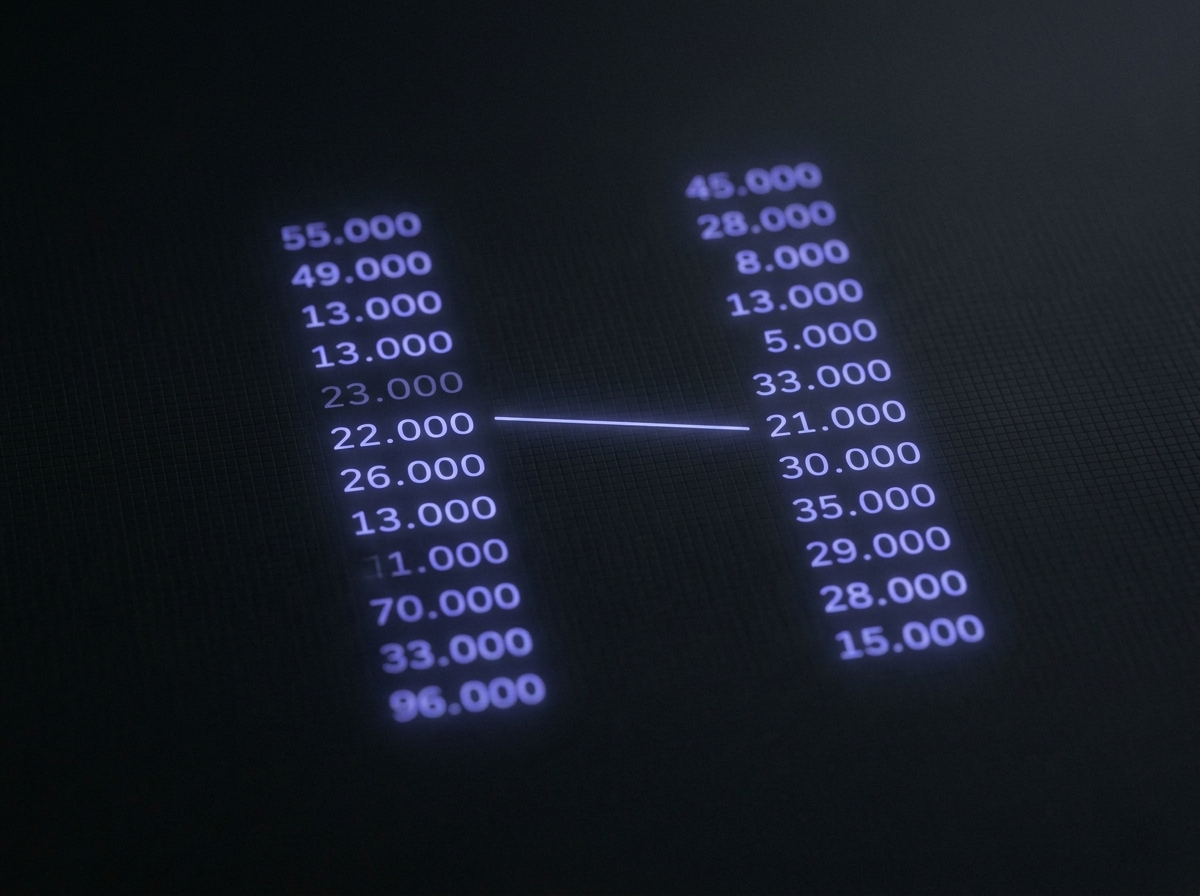 Two columns of figures aligned by a thread of light — the ledger matching the money