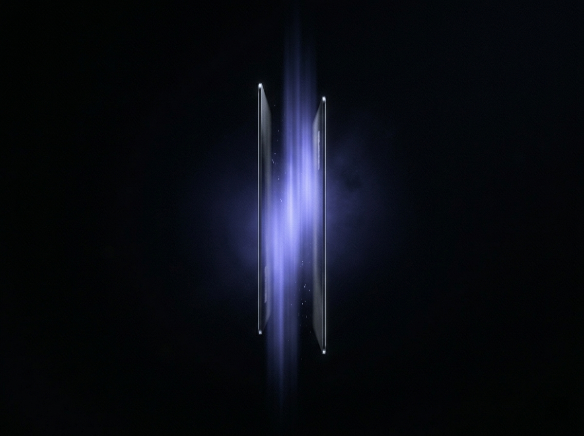 Two payment cards edge-on with a pulse of indigo light between them — network authorization
