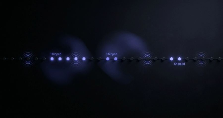 A clean timeline of milestones, several marked shipped with a soft glow