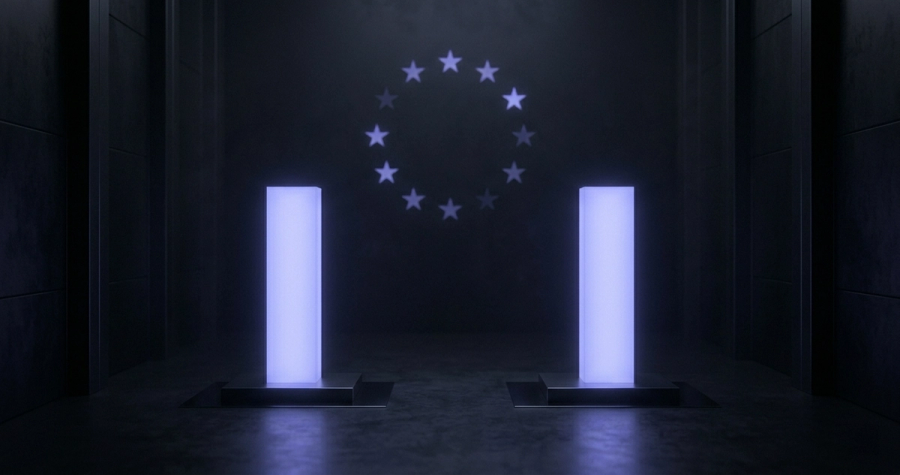 A vault-like scene — safeguarded columns of light beneath a ring of EU stars