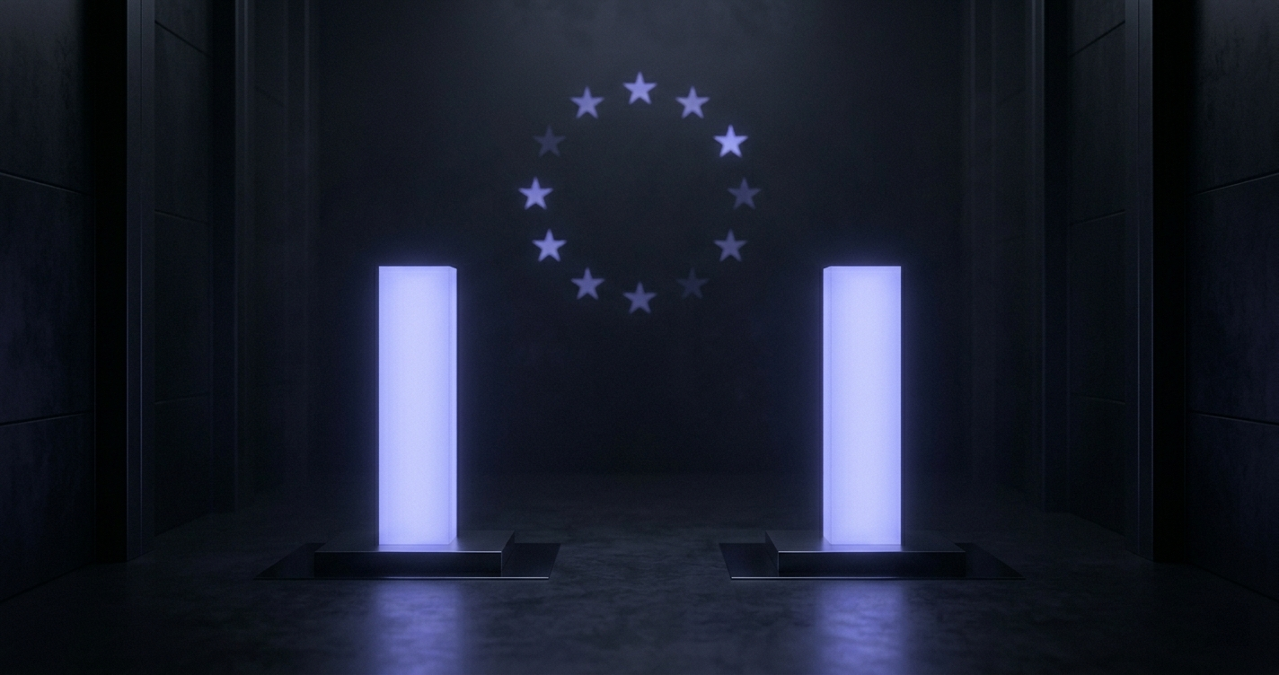 A vault-like scene — safeguarded columns of light beneath a ring of EU stars