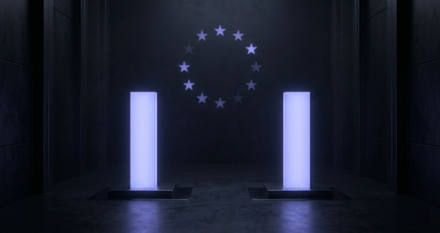 A vault-like scene — safeguarded columns of light beneath a ring of EU stars