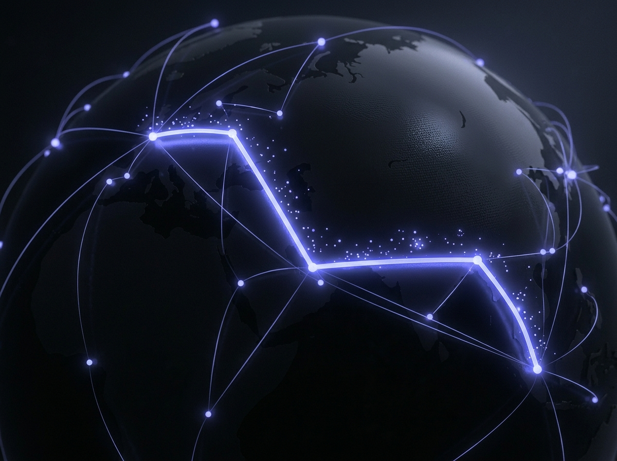 Glowing routes arcing over a dark globe — choosing the cheapest settlement rail