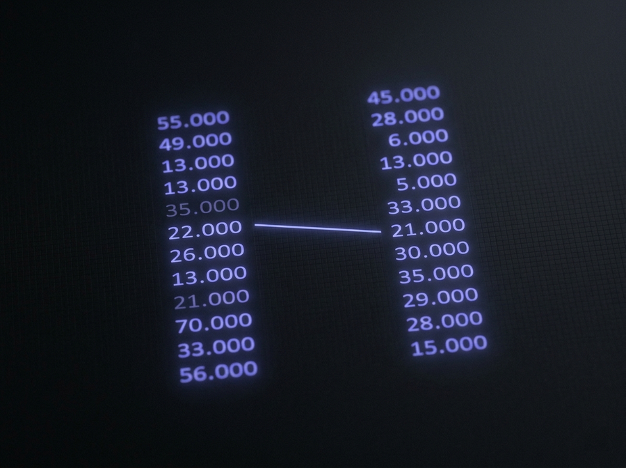 Abstract double-entry ledger — two columns of figures aligning, a thread of light linking a debit to its credit