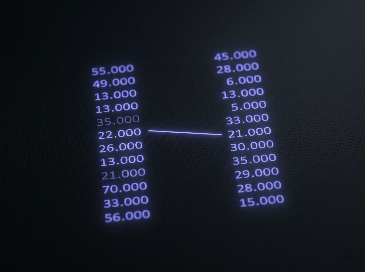 Abstract double-entry ledger — two columns of figures aligning, a thread of light linking a debit to its credit