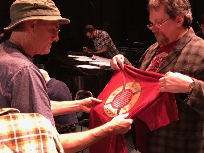 Jerry presents James with a Translatlantic Sessions t-shirt.(Photo by Ellyn Kusmin)
