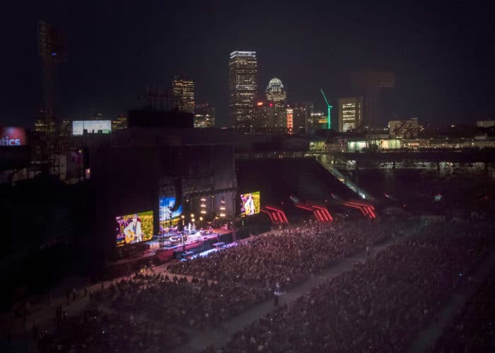 BOSTON, MA – AUGUST 11: James Taylor and Bonnie Raitt at Fenway Park on August 11, 2017 in Boston, Massachusetts. (Photo by Michael Ivins for James Taylor)