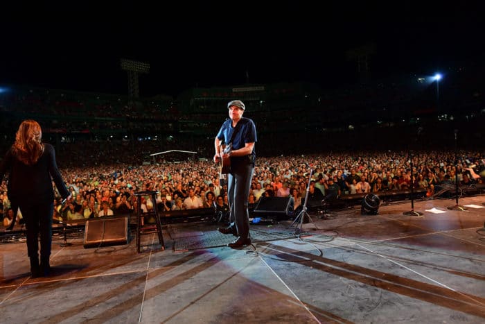 BOSTON, MA – AUGUST 11: James Taylor and Bonnie Raitt at Fenway Park on August 11, 2017 in Boston, Massachusetts. (Photo by Michael Ivins for James Taylor)