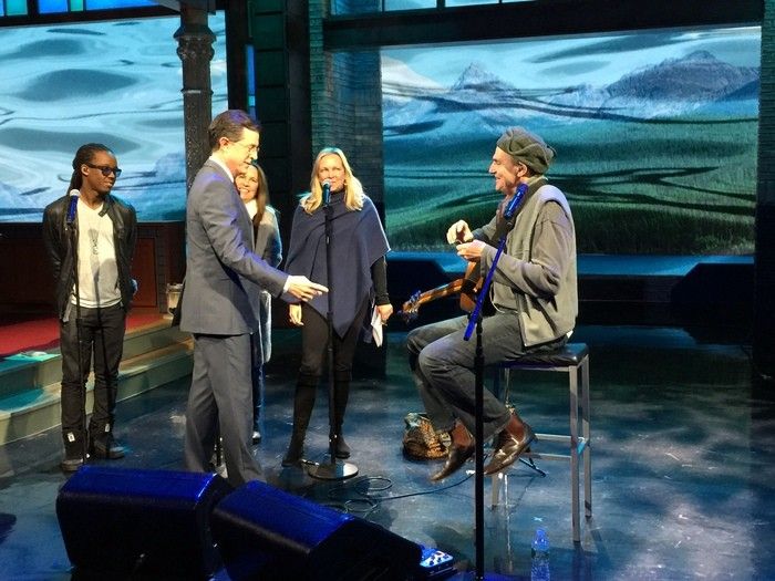 James rehearsing with Stephen Colbert. (Photo by Ellyn Kusmin)