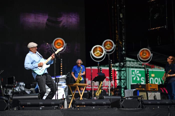 BOSTON, MA – AUGUST 11: James Taylor and Bonnie Raitt at Fenway Park on August 11, 2017 in Boston, Massachusetts. (Photo by Michael Ivins for James Taylor)