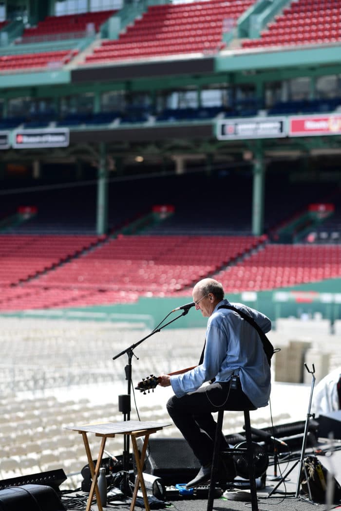 BOSTON, MA – AUGUST 11: James Taylor and Bonnie Raitt at Fenway Park on August 11, 2017 in Boston, Massachusetts. (Photo by Michael Ivins for James Taylor)