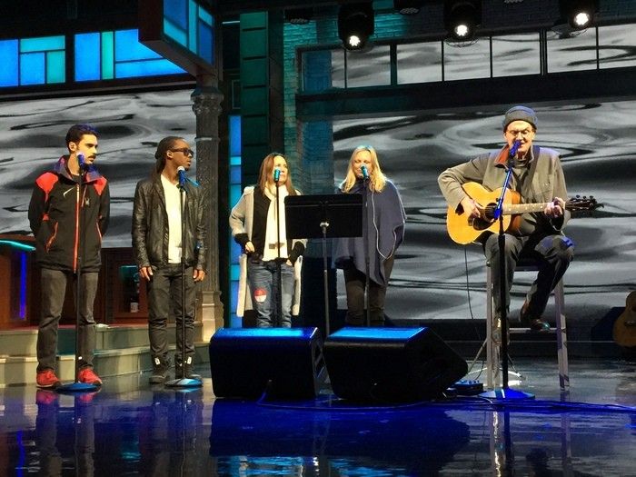 Rehearsing “Montana” with members of Stay Human, Kate and Kim. (Photo by Ellyn Kusmin)