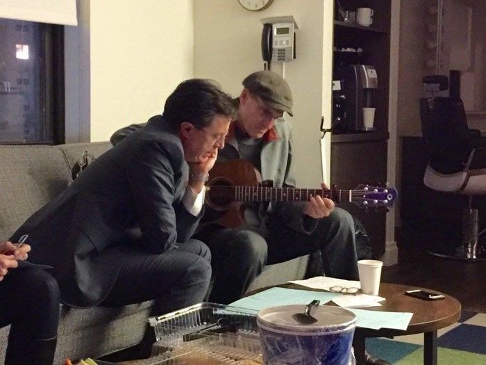 Working out the “Fire & Rain” lyrics… 5 minutes before taping! (Photo by Ellyn Kusmin).