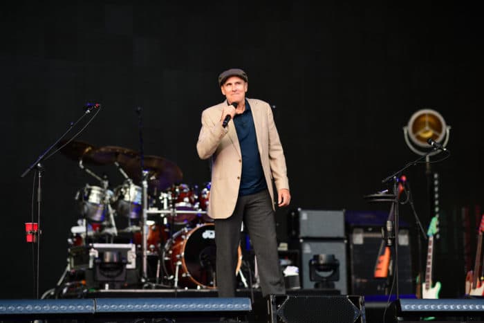BOSTON, MA – AUGUST 11: James Taylor and Bonnie Raitt at Fenway Park on August 11, 2017 in Boston, Massachusetts. (Photo by Michael Ivins for James Taylor)