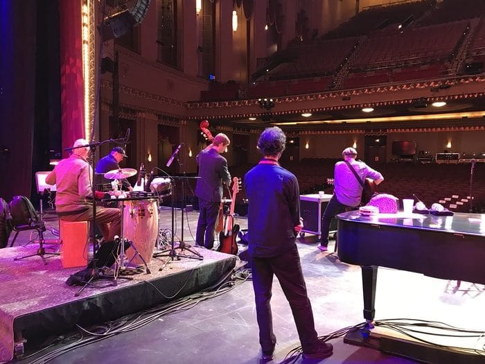 Rehearsal at the Peabody Opera House. Russ Kunkel, Dean Parks, Jon Suters, James Taylor . Photo by Ellyn Kusmin.