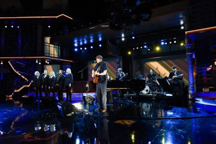 The Late Show with Stephen Colbert and guest James Taylor during Sunday’s February 3, 2019 show. Photo: Scott Kowalchyk/CBS ©2019 CBS Broadcasting Inc. All Rights Reserved.