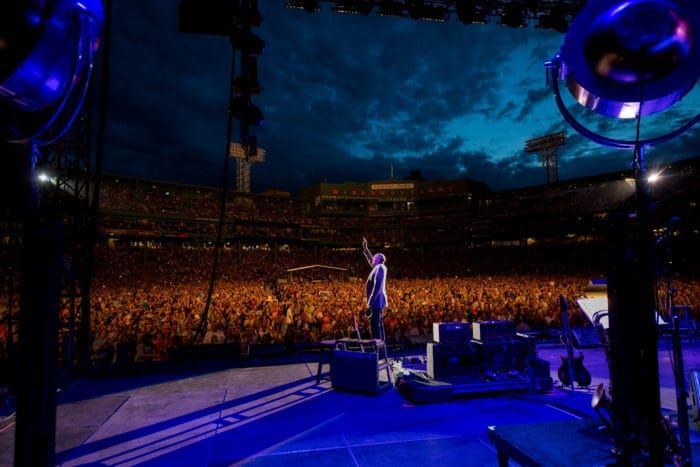 BOSTON, MA – AUGUST 11: James Taylor and Bonnie Raitt at Fenway Park on August 11, 2017 in Boston, Massachusetts. (Photo by Michael Ivins for James Taylor)
