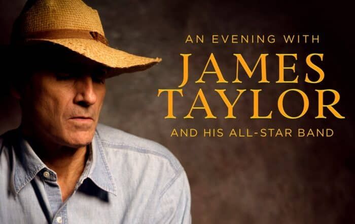 Photo banner advertising an evening with James Taylor and his All Star Band