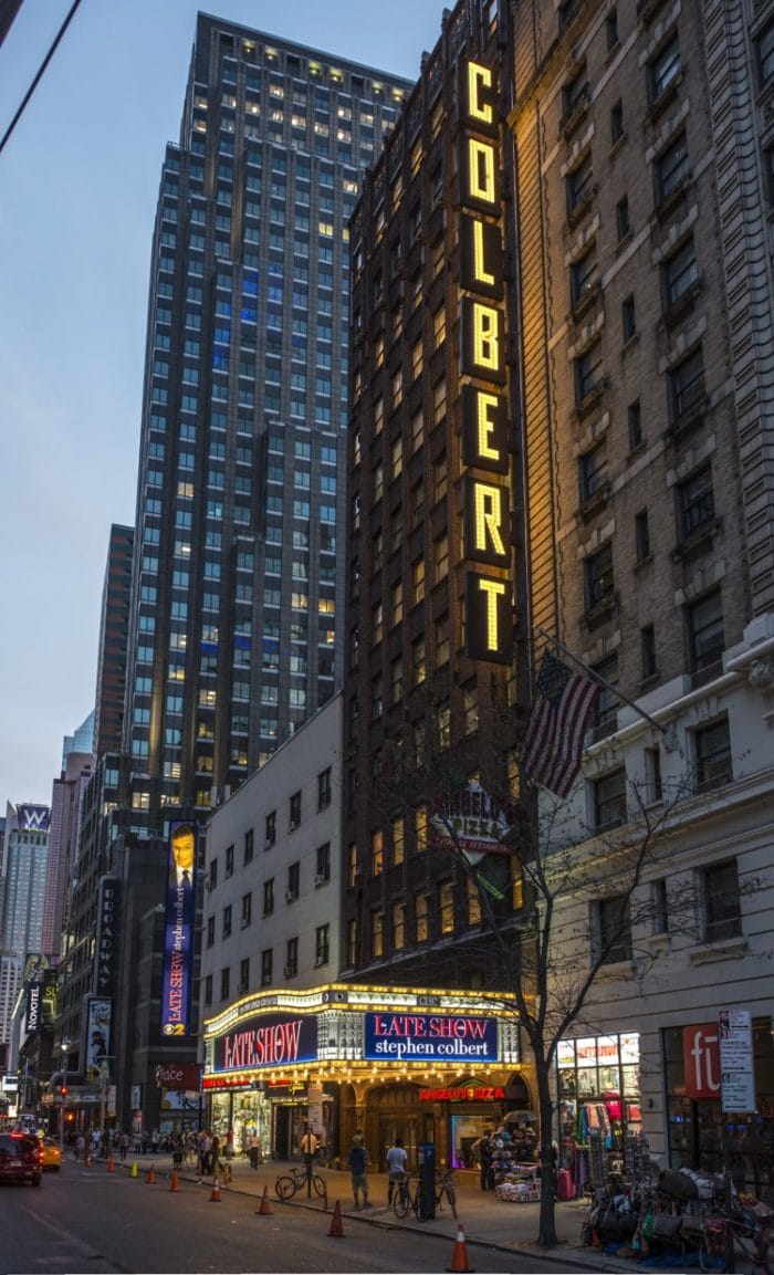 The new Marquee on Broadway for THE LATE SHOW with STEPHEN COLBERT is lit for the first time, Monday August 24, 2015. THE LATE SHOW with STEPHEN COLBERT premieres on Tuesday, Sept. 8, 2015 on the CBS Television Network. Photo: John Paul Filo/CBS ÃÂ©2015CBS Broadcasting Inc. All Rights Reserved