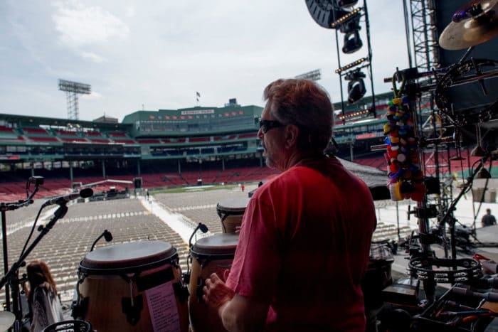BOSTON, MA – AUGUST 11: James Taylor and Bonnie Raitt at Fenway Park on August 11, 2017 in Boston, Massachusetts. (Photo by Michael Ivins for James Taylor)