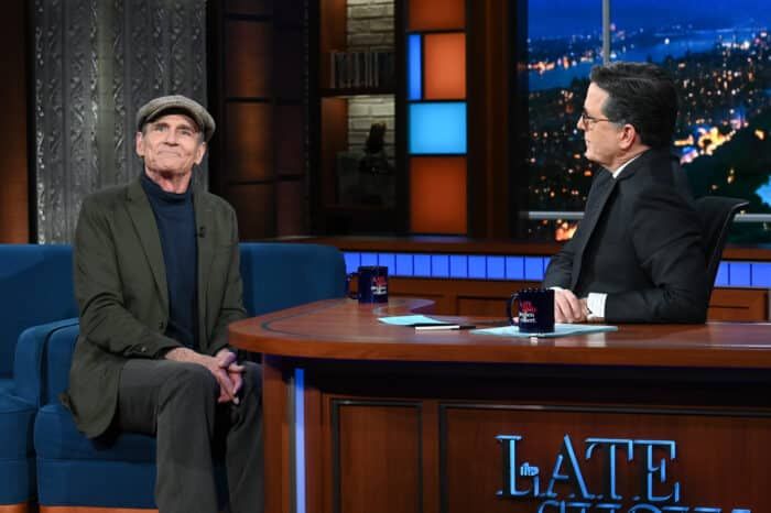 The Late Show with Stephen Colbert and guest James Taylor during Tuesday’s March 7, 2023 show. Photo: Scott Kowalchyk/CBS ©2023 CBS Broadcasting Inc. All Rights Reserved.
