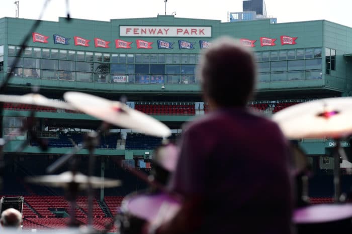 BOSTON, MA – AUGUST 11: James Taylor and Bonnie Raitt at Fenway Park on August 11, 2017 in Boston, Massachusetts. (Photo by Michael Ivins for James Taylor)