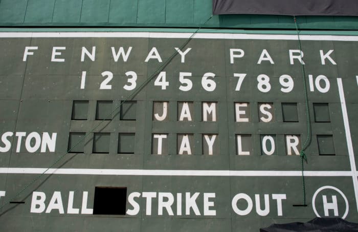 BOSTON, MA – AUGUST 11: James Taylor and Bonnie Raitt at Fenway Park on August 11, 2017 in Boston, Massachusetts. (Photo by Michael Ivins for James Taylor)