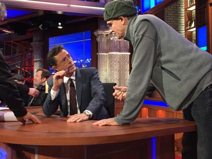James chats with Stephen Colbert. (Photo by Ellyn Kusmin).