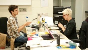 We set up several tour offices like this one backstage in each venue each night. There’s one for tour management and one for tour production. Each tour also travels with its own tour accountant who usually likes his/her own office, too! (Kim Hilton and David Gaetke) (Photo: Michael Drazdzinski)