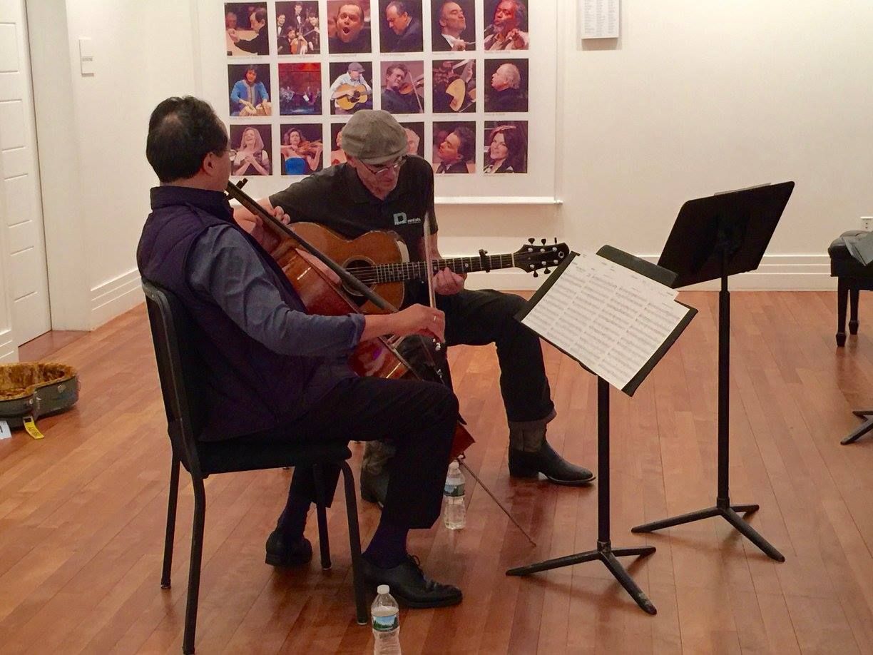 James rehearsing with Yo-Yo Ma. Photo by Ellyn Kusmin.