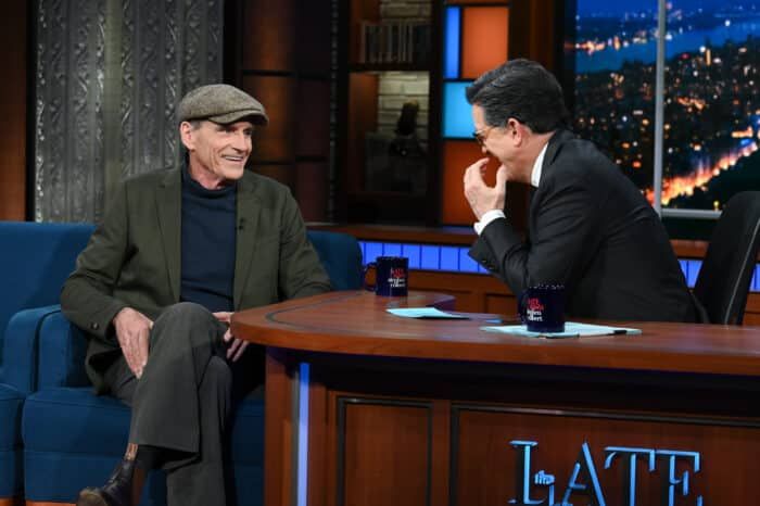 The Late Show with Stephen Colbert and guest James Taylor during Tuesday’s March 7, 2023 show. Photo: Scott Kowalchyk/CBS ©2023 CBS Broadcasting Inc. All Rights Reserved.