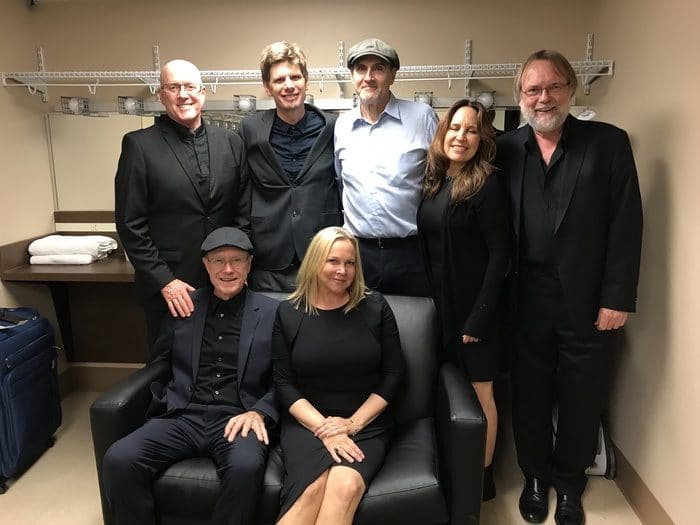 The band! Left to right (back row); Russ Kunkel, Jon Suters, James, Kate Markowitz, Jim Cox; Front row; Dean Parks, Kim Taylor. Photo by Ellyn Kusmin