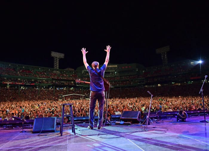 BOSTON, MA – AUGUST 11: James Taylor and Bonnie Raitt at Fenway Park on August 11, 2017 in Boston, Massachusetts. (Photo by Michael Ivins for James Taylor)