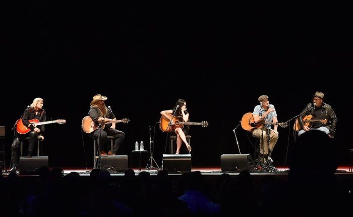 Joe Walsh, Chris Stapleton, Kasey Musgraves, James and Vince Gill on stage at All For The Hall, 9/27/16 at Novo DTLA. Photo by Matthew Simmons/Getty